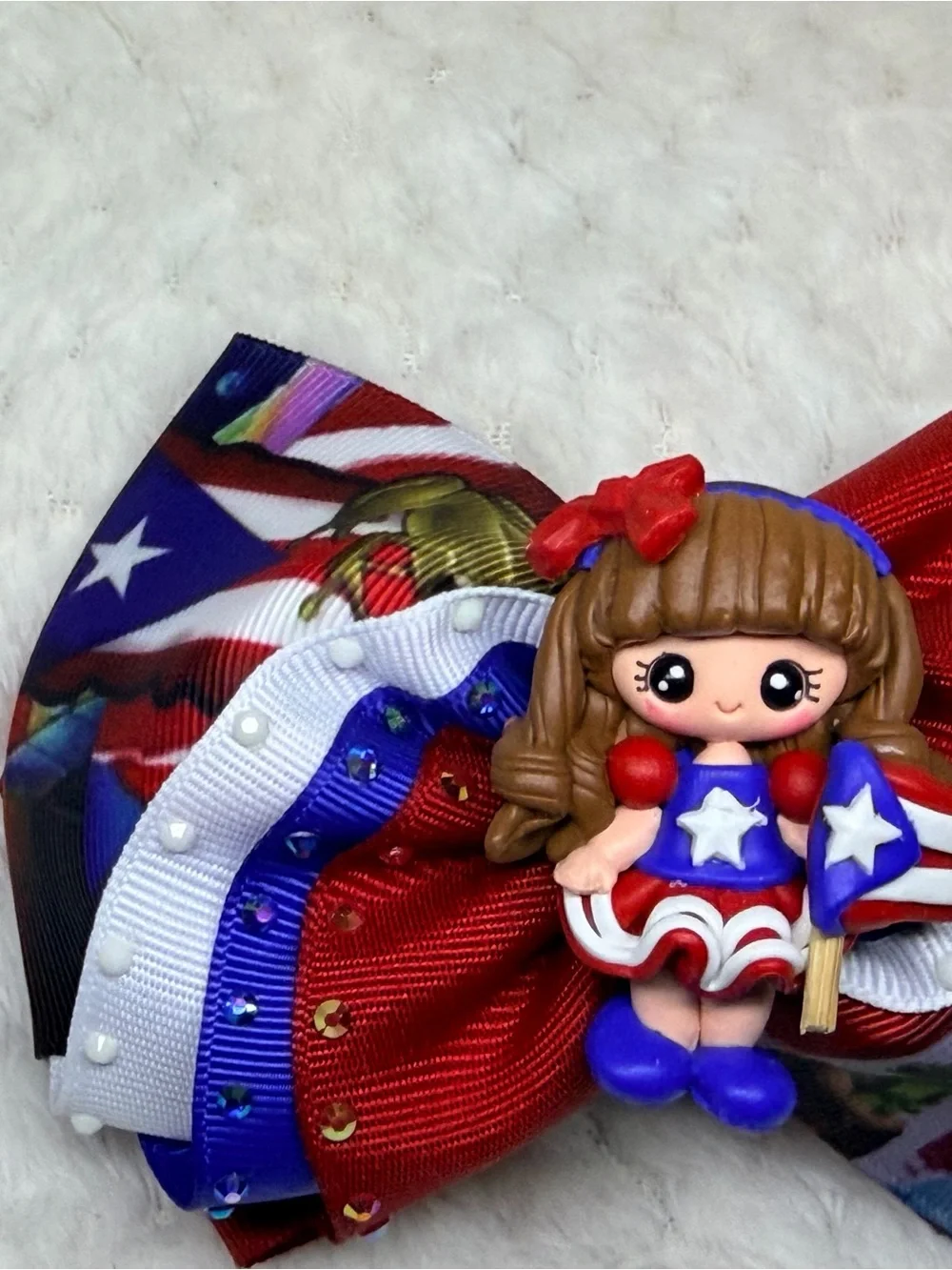 Puerto Rican Girl Ribbon Hair Bow - Red, White & Blue Kids Accessory